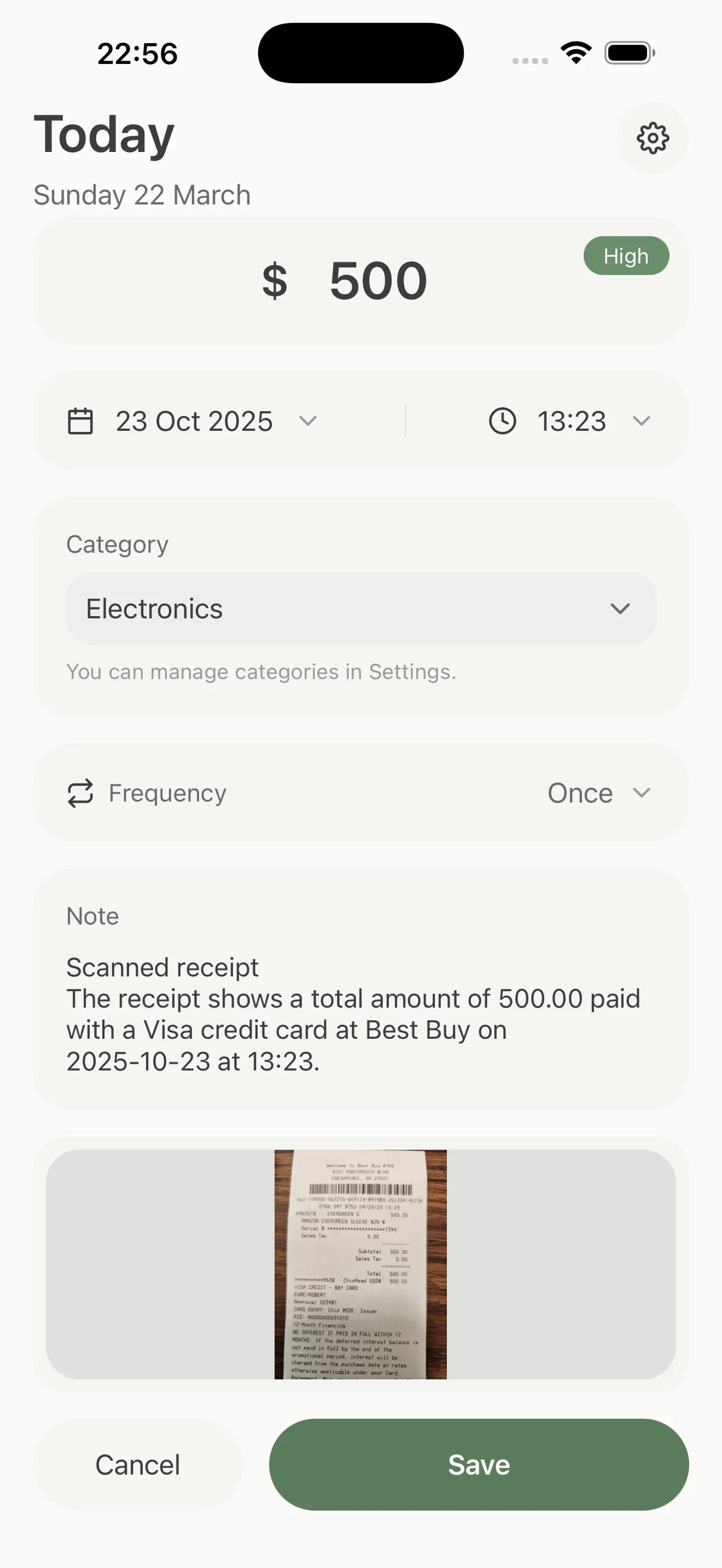 Receipt scanning screen